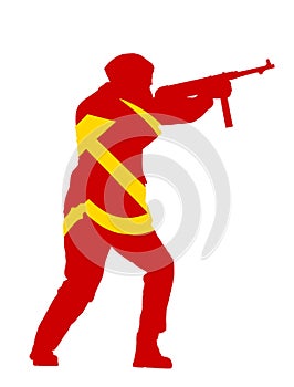 Red army soldier with rifle in battle vector silhouette illustration isolated on white background.