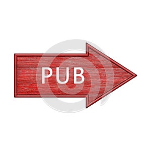 Red arrow. Arrow pointer to the right with the inscription pub. Wooden pointer in the shape of an arrow isolated on a white