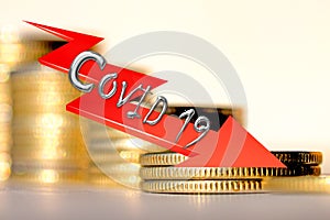 Red arrow on the background of money and,, Covid 19 ` .