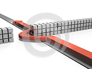 A red arrow that bypasses the wall and keeps moving forward. A wall of obstacles blocking the path. 3d illustration. white