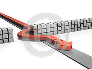 A red arrow that bypasses the wall and keeps moving forward. A wall of obstacles blocking the path. 3d illustration. white