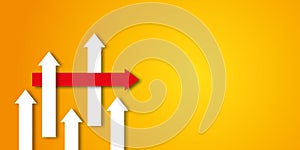 Red arrow change direction from group on orange background as metaphor for business creativity new idea.