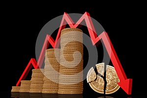 Red Arrow dowm trend with stack of coins and coin crack on the ground photo