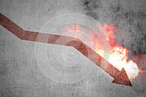 Red arrow down with explosion effect on the wall