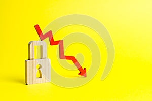 Red arrow down and padlock on yellow background. Conceptual decline in the level and quality of protection and preservation. risk