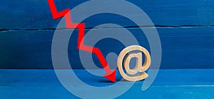 Red arrow down and a symbol of e-mail. Contact and email address concatenation. The fall of the popularity of using mail, the thre