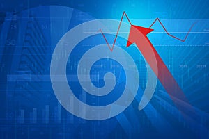 Red arrow head with Financial chart and graphs on city backgroun