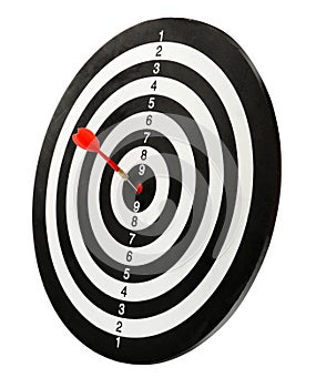 Red arrow hitting target on dart board