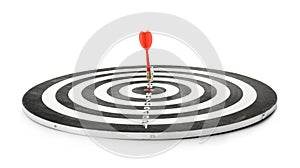 Red arrow hitting target on dart board against  background