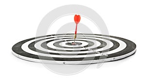 Red arrow hitting target on dart board against background