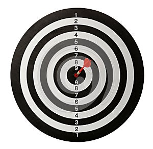Red arrow hitting target on dart board against white