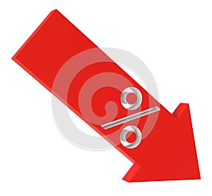 Red arrow pointing downwards with percentage symbol, ideal for marketing campaigns, indicating sales, discounts, or