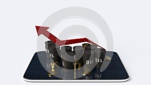 Red Arrow pointing up and oil tanks  3d rendering image for Petroleum business content