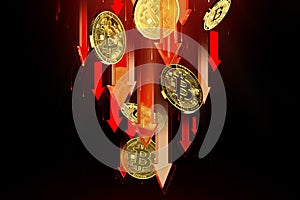 Red arrows pointing down as Bitcoin BTC price falls. Cryptocurrency prices decline, high risk - high loss concept. 3D rendering