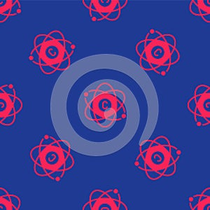 Red Atom icon isolated seamless pattern on blue background. Symbol of science, education, nuclear physics, scientific