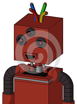 Red Automaton With Box Head And Happy Mouth And Three-Eyed And Wire Hair