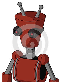 Red Automaton With Cylinder-Conic Head And Black Glowing Red Eyes And Double Antenna