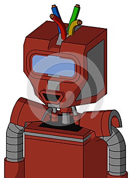 Red Automaton With Mechanical Head And Happy Mouth And Large Blue Visor Eye And Wire Hair