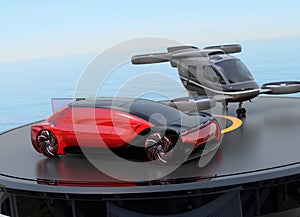 Red autonomous electric car and passenger drone parking on heliport