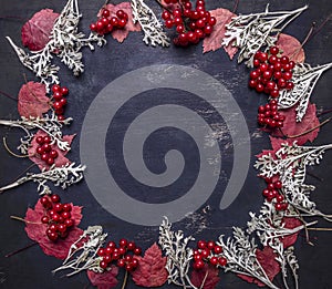 Red autumn leaves and berries Viburnum, lined frame space for text wooden rustic background top view