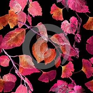 Red autumn leaves, black background. Seamless contrast autumn pattern. Watercolor
