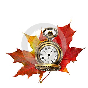 Red autumn maple leaves and clock