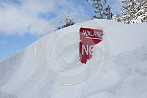Red Avalanche Warning Sign Buried in Snow
