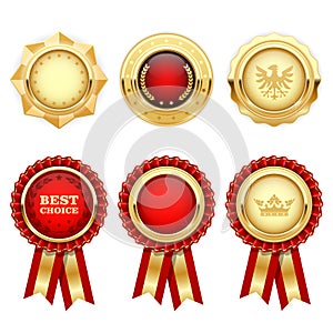 Red award rosettes and gold heraldic medals photo