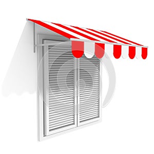 Red awning sunshade over closed window. Design mockup template