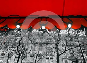 Red awning under grey rain - Paris