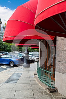 Red awnings or canopies of prestigious restaurant in Sain Petersburg. Russia