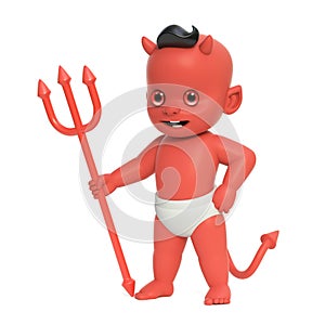 Red baby devil, shoulder devil with horns and tail holding trident, 3d rendering