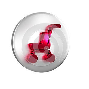 Red Baby stroller icon isolated on transparent background. Baby carriage, buggy, pram, stroller, wheel. Silver circle