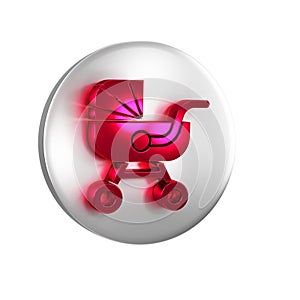 Red Baby stroller icon isolated on transparent background. Baby carriage, buggy, pram, stroller, wheel. Silver circle