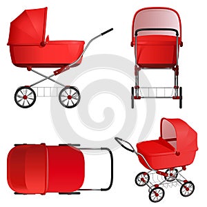 Red baby stroller, vector illustration on white background.