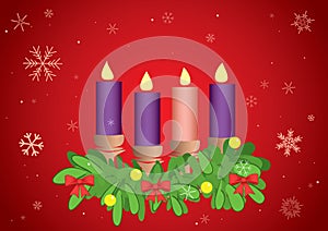 Red background with 4 advent candles and snowflakes - vector illustration