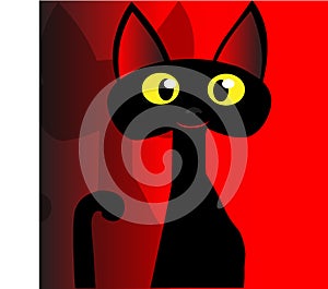 Red background and black cat whith yellow eyes