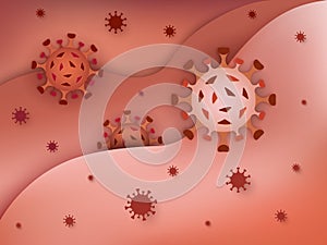 Red background with floating coronavirus particles around. 2019-novel coronavirus 2019-nCoV infection. Vector Illustration