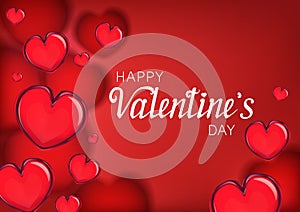 Red background with glass hearts, happy Valentines day.