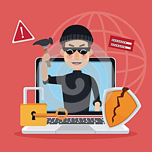 Red background global world silhouette with laptop and thief man hacker alert attack