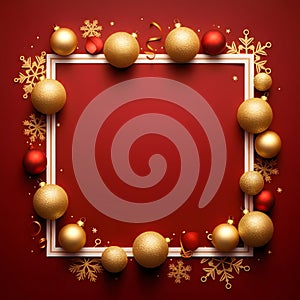 Red Background with Gold and Red Christmas Ornaments, Snowflakes, and Streamers in a White Border Frame â AI-Generated Image photo