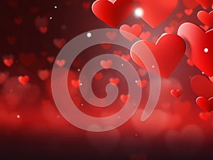 Red background with hearts for Valentine's Day with blur effect