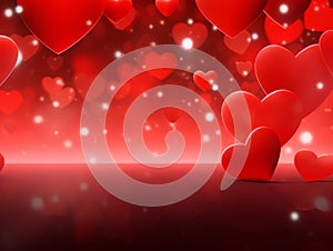 Red background with hearts for Valentine's Day with blur effect