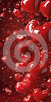 Red background with hearts for Valentine's Day. Vertical banner or greeting card