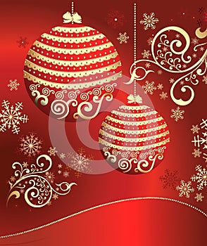 Red background with New Year's spheres