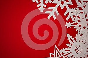 Red background with paper snowflakes. Christmas concept background