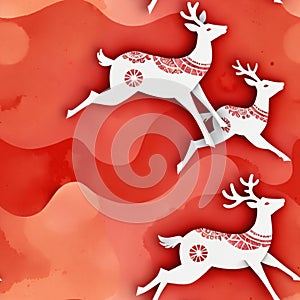 Red background with paper texture, stylized deer, watercolor art style - Seamless texture tiles