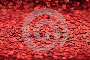 red background with shiny confetti sequins in the form of bokeh hearts. blank layout for valentine's day, greeting