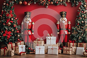 A red background with two nutcrackers and a tree