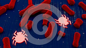 Red Bacteria on blue digital surface with bugs cybersecurity concept